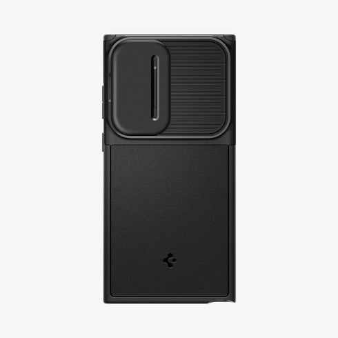 ACS05639 - Galaxy S23 Ultra Case Optik Armor in black showing the back with lens protector slot open